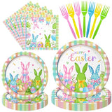 96 Pieces Easter Tableware Set – Bunny Egg Disposable Plates, Napkins, and Forks with “Happy Easter” and Spring Designs for Holiday Dinners, Parties, and Spring Celebrations – Serves 24