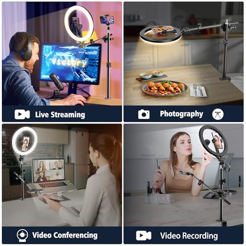 Ring Light with Stand and Phone Holder, Overhead Phone Mount, Phone Stand for Recording, 11 Circle LED Ring Light for Desk with Clamp for Live