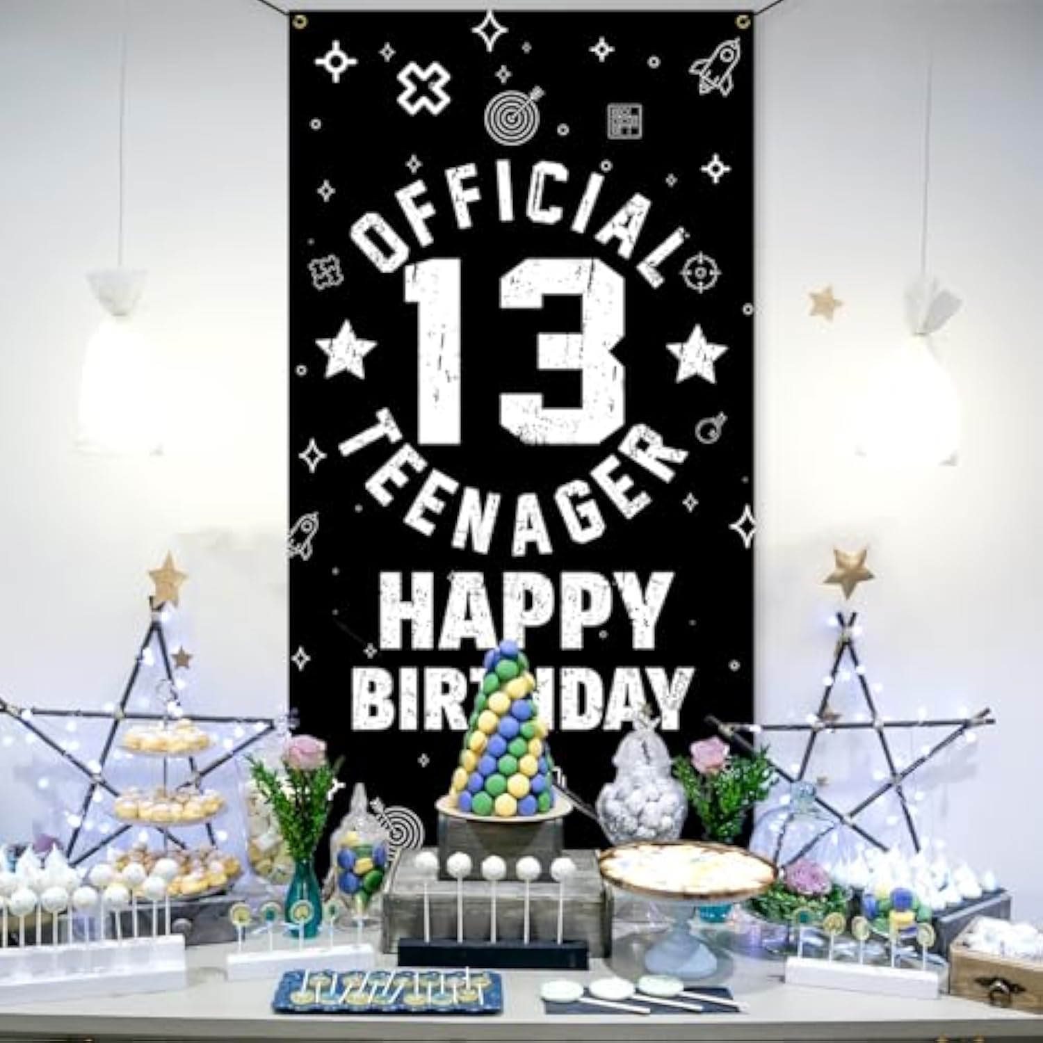 Official Teenager 13Th Birthday Decorations For Boys Girls - Fabric 13 Year Old Birthday Backdrop Banner, Yard Sign, Photo Props, Door Decor - Black White Birthday Party Supplies