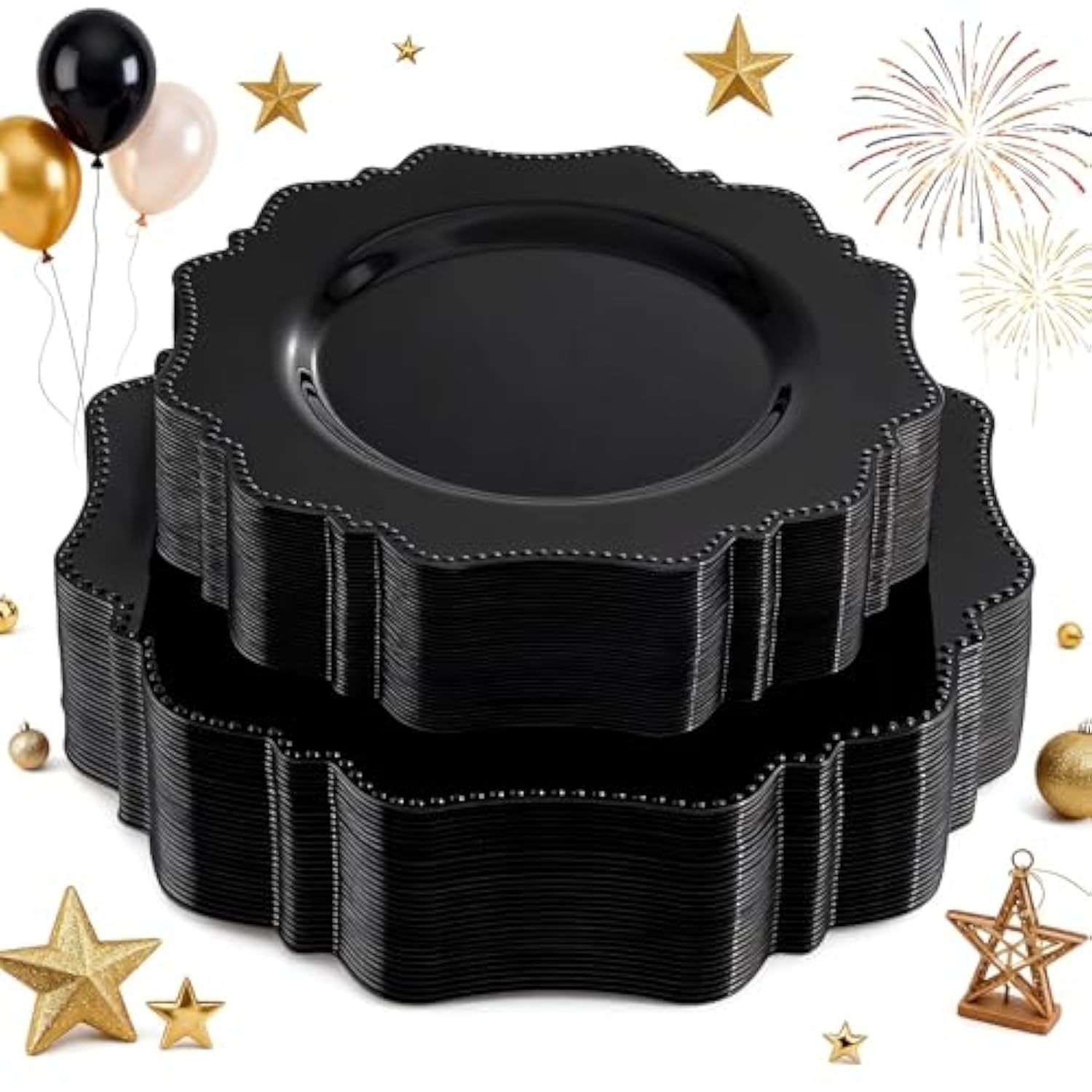 Black Plastic Plates Set,Heavy Duty Black Disposable Plates For 30 Guests,Include 30Pcs 10.5Inch Dinner Plates And 30Pcs 8.25 Inch Dessert Plates For Halloween Party/Wedding/New Year/Birthday