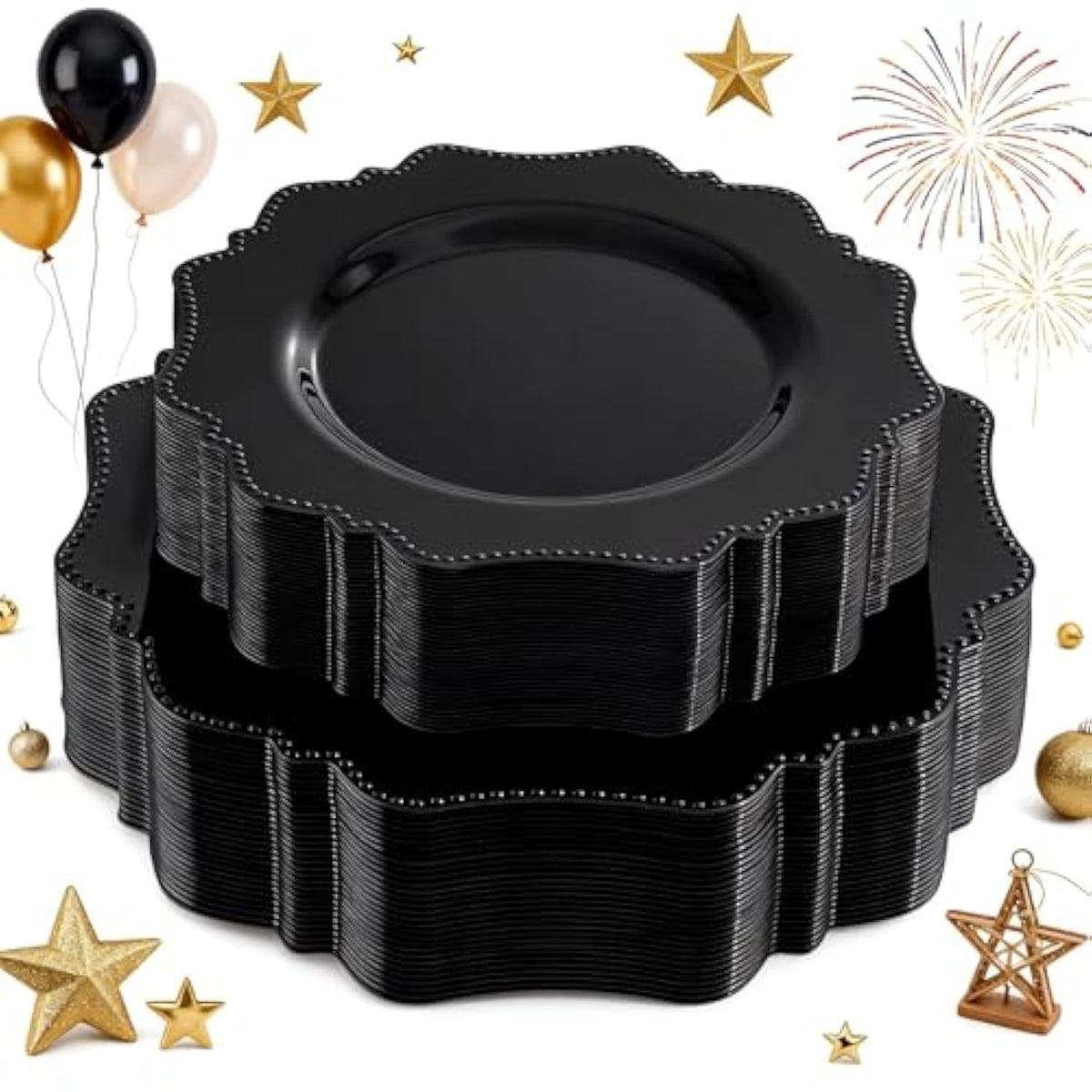 Black Plastic Plates Set,Heavy Duty Black Disposable Plates For 30 Guests,Include 30Pcs 10.5Inch Dinner Plates And 30Pcs 8.25 Inch Dessert Plates For Halloween Party/Wedding/New Year/Birthday