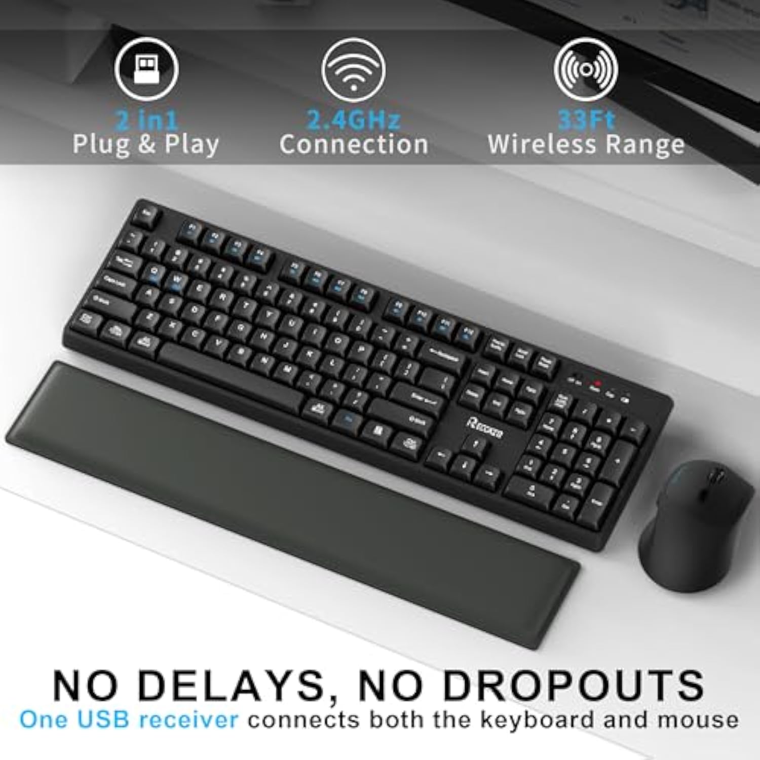 Wireless Keyboard And Mouse Combo With Wrist Rest, 2.4G Full-Sized Keyboard And Mouse Cordless, 3 Dpi Adjustable Silent Mouse, Dual-System Keyboard For Computer/Laptop/Windows/Mac(Black)