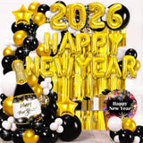 New Year 2026 Party Supplies Gold Black Balloons Banner Backdrop Set