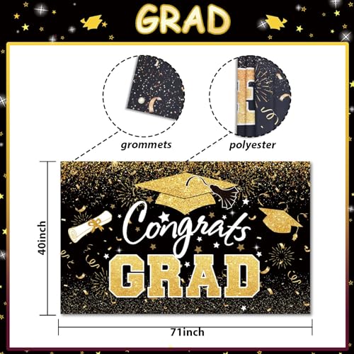 Graduation Party Decorations - Black Gold Congrats Grad Class of 2026 Backdrop Banner Large Sign Wall Decorations Photography Background Party Supplies for 2026 Graduation Party Decorations