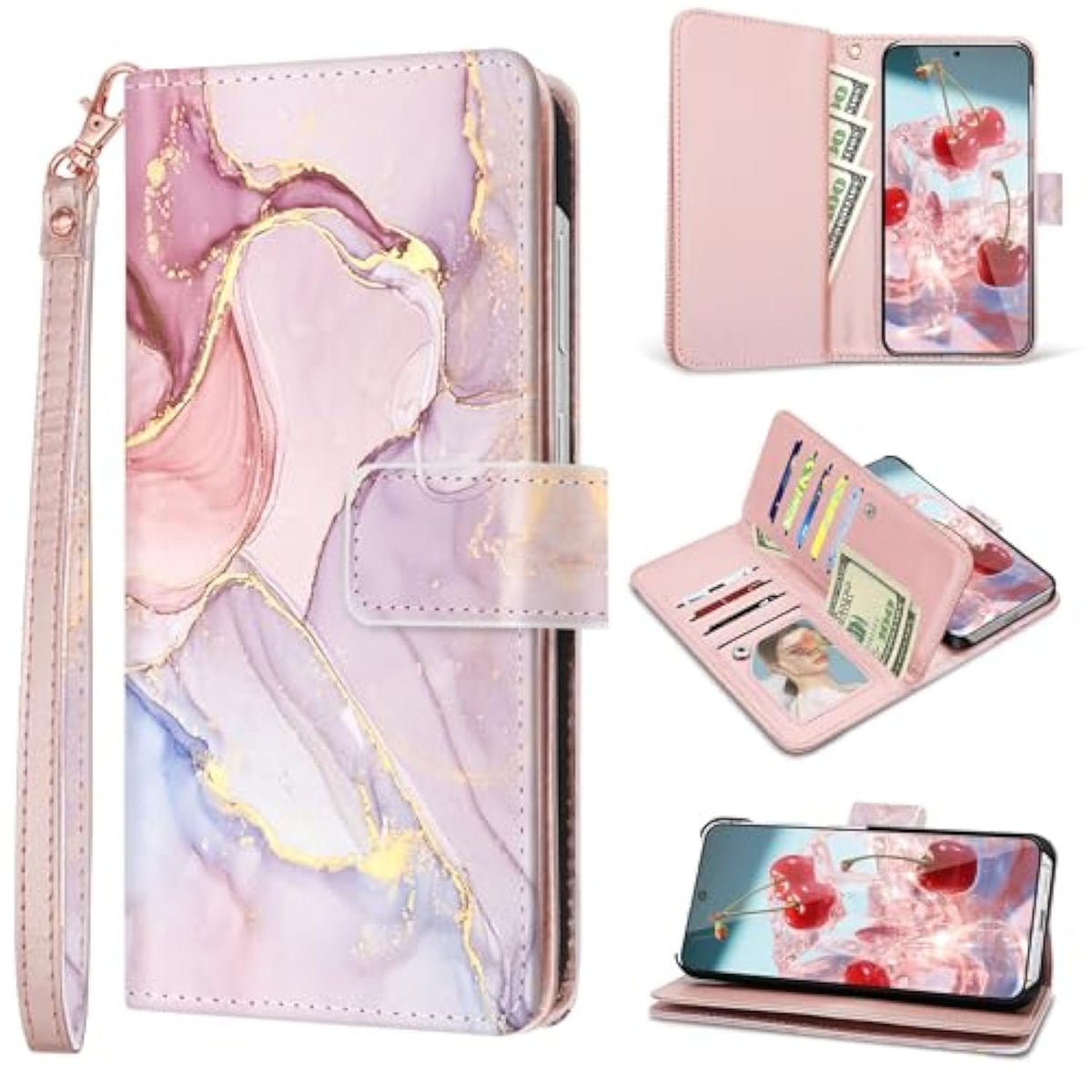 For Samsung Galaxy S25 Case Wallet For Women Girl[With 9 Card Holder]Marble Rose Gold Pu Leather Detachable Wrist Strap Fullbody Slim Shockproof Flip Phone Case For Samsung Galaxy S25,6.2”,2025