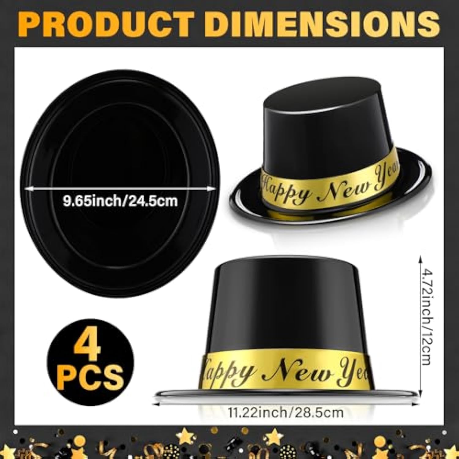 4 Pcs Black Happy New Year 2026 Top Hats Party Accessories
