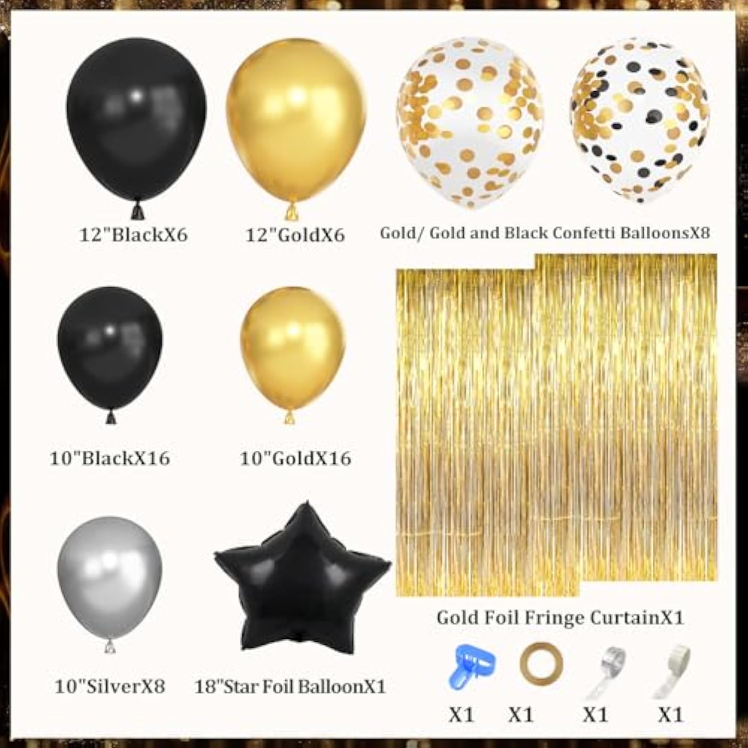 Black And Gold Birthday Party Decorations Kit For Men Women, Cheers Beer Confetti Black Gold Balloon Happy Birthday Banner Fringe Curtains Swirl Circle Dots Tassels Pom Graduation 30Th 40Th 50Th Him