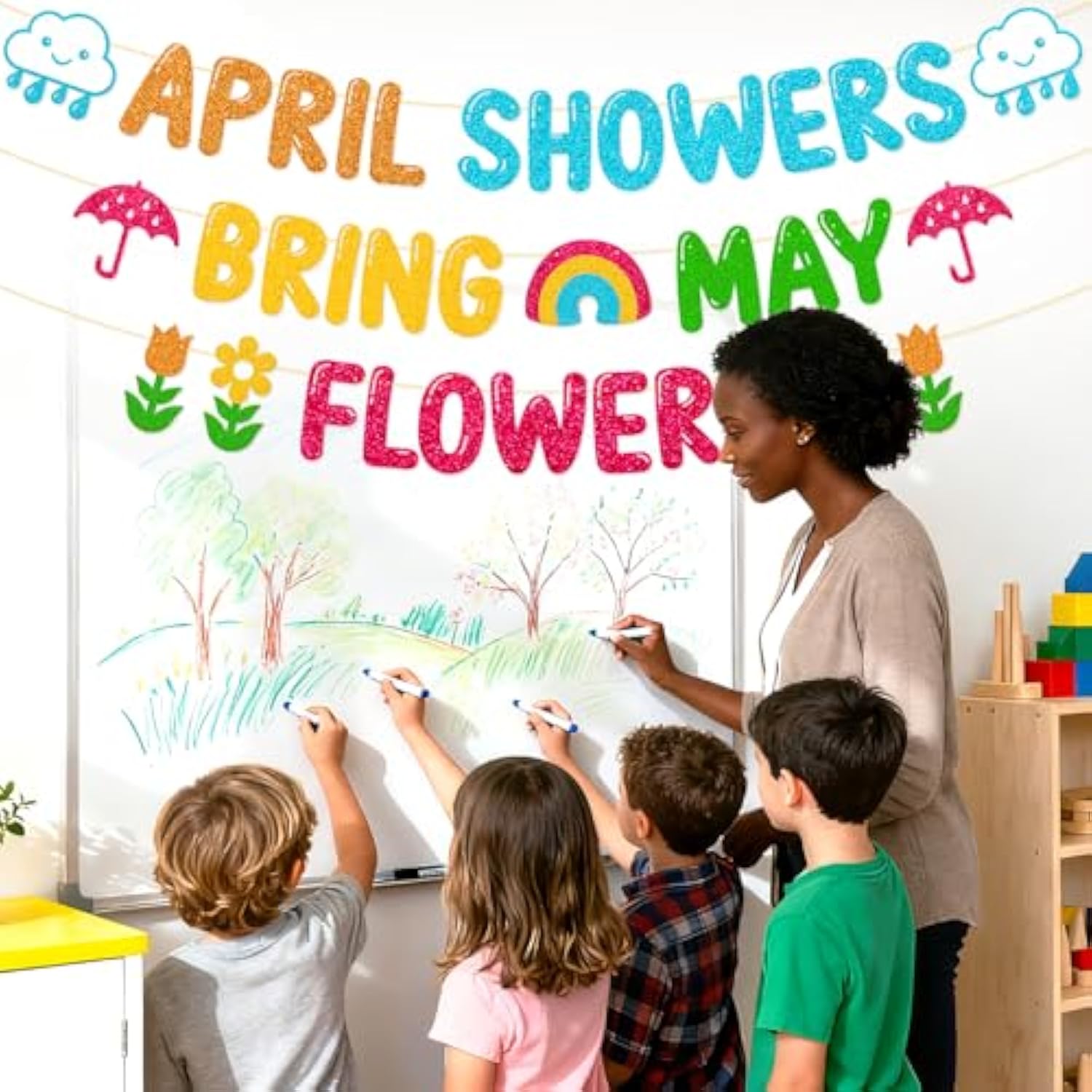 April Showers Bring May Flowers Banner School Classroom Spring Party Decorations For Student Children Teacher Celebrating Happy Spring Party Supplies