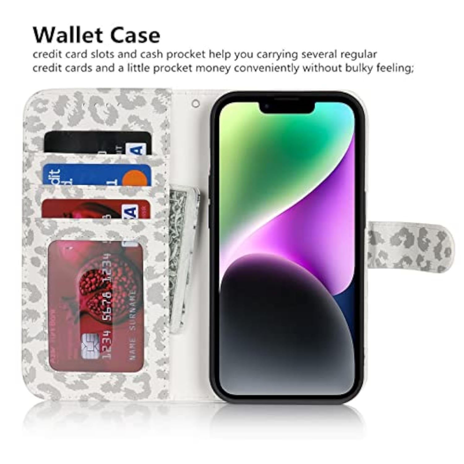 Premium PU Leather Wallet Case with Card Holder and Wrist Strap for iPhone 13/14, 6.1 Inch, White Leopard