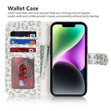 Premium PU Leather Wallet Case with Card Holder and Wrist Strap for iPhone 13/14, 6.1 Inch, White Leopard