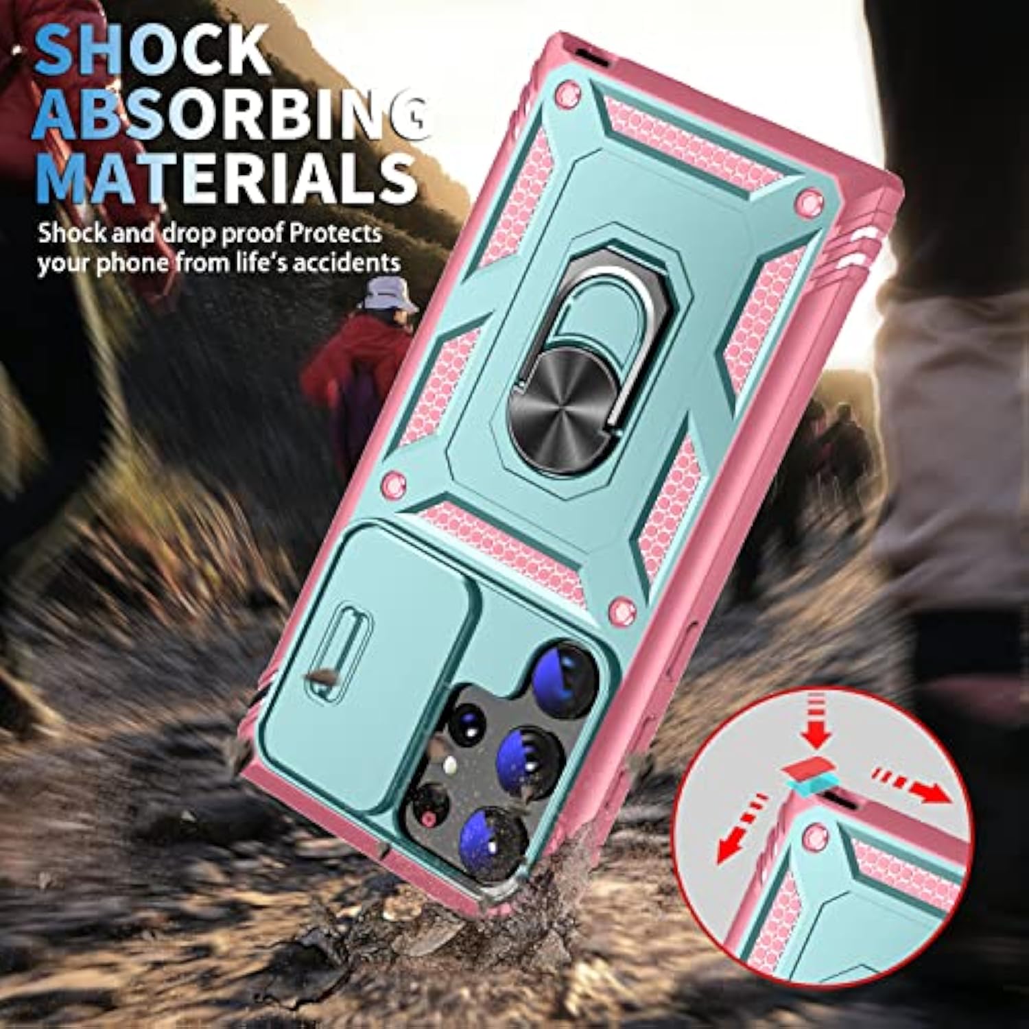 Case For Galaxy S23 Ultra, Slide Lens Protective Case Shockproof Impact Resistant With Kickstand Cover Case For Samsung Galaxy S23 Ultra 6.8" (Pink Green)