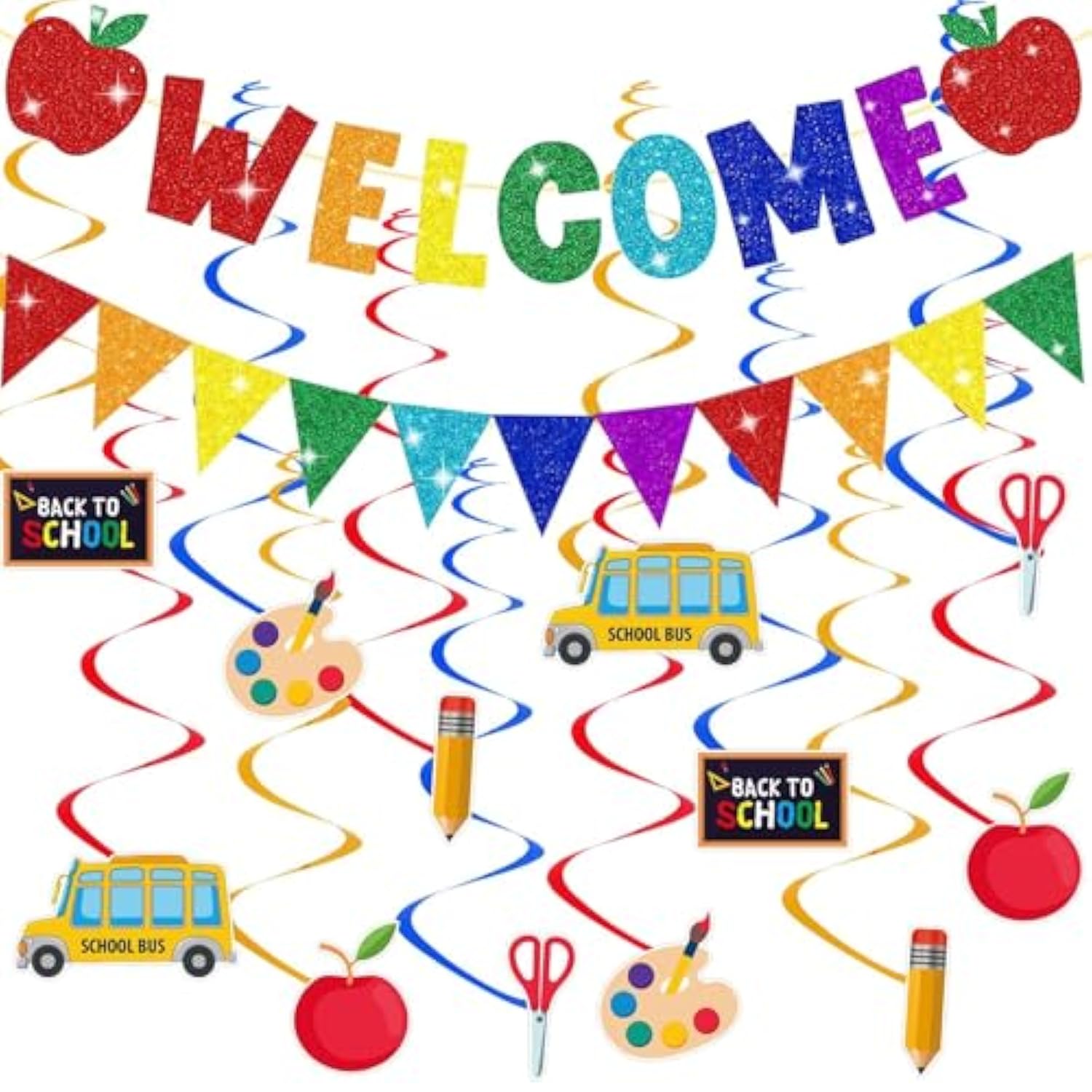Glitter Back To School Decorations, Welcome Banner First Day Of School Decoration Back To School Hanging Banners Swirls For Teacher Classroom Kindergarten Preschool Party Supplies Favors