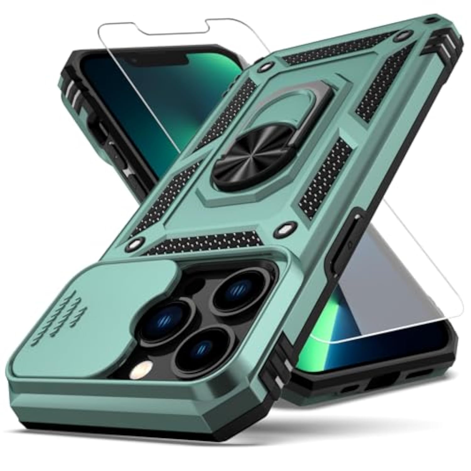 iPhone 13 Pro Max Case with Camera Lens Cover HD Screen Protector, Military Grade Ring Car Mount Kickstand Hybrid Hard PC Soft TPU Shockproof Protective Case, Green