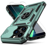 iPhone 13 Pro Max Case with Camera Lens Cover HD Screen Protector, Military Grade Ring Car Mount Kickstand Hybrid Hard PC Soft TPU Shockproof Protective Case, Green