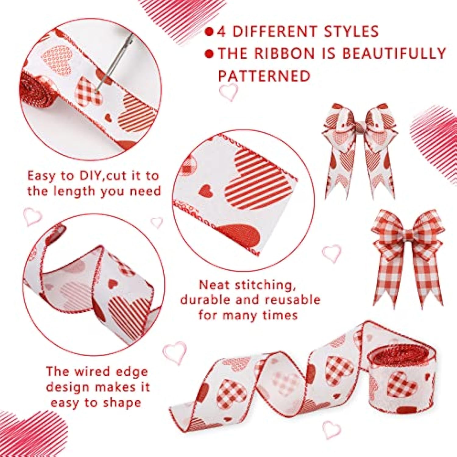 4 Rolls Valentine’S Day Wired Ribbon Plaid Heart Stripe Crease Ribbon