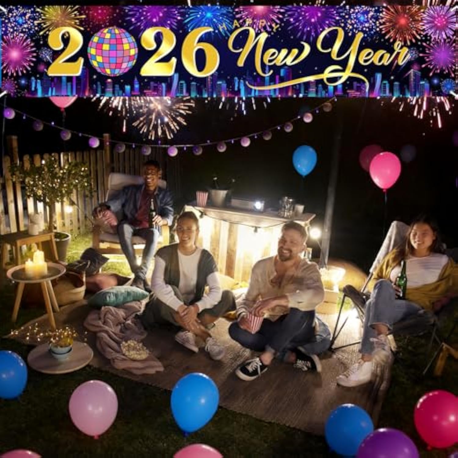 2026 Happy New Year Banner City Night Fireworks Party Backdrop 8x1.6ft