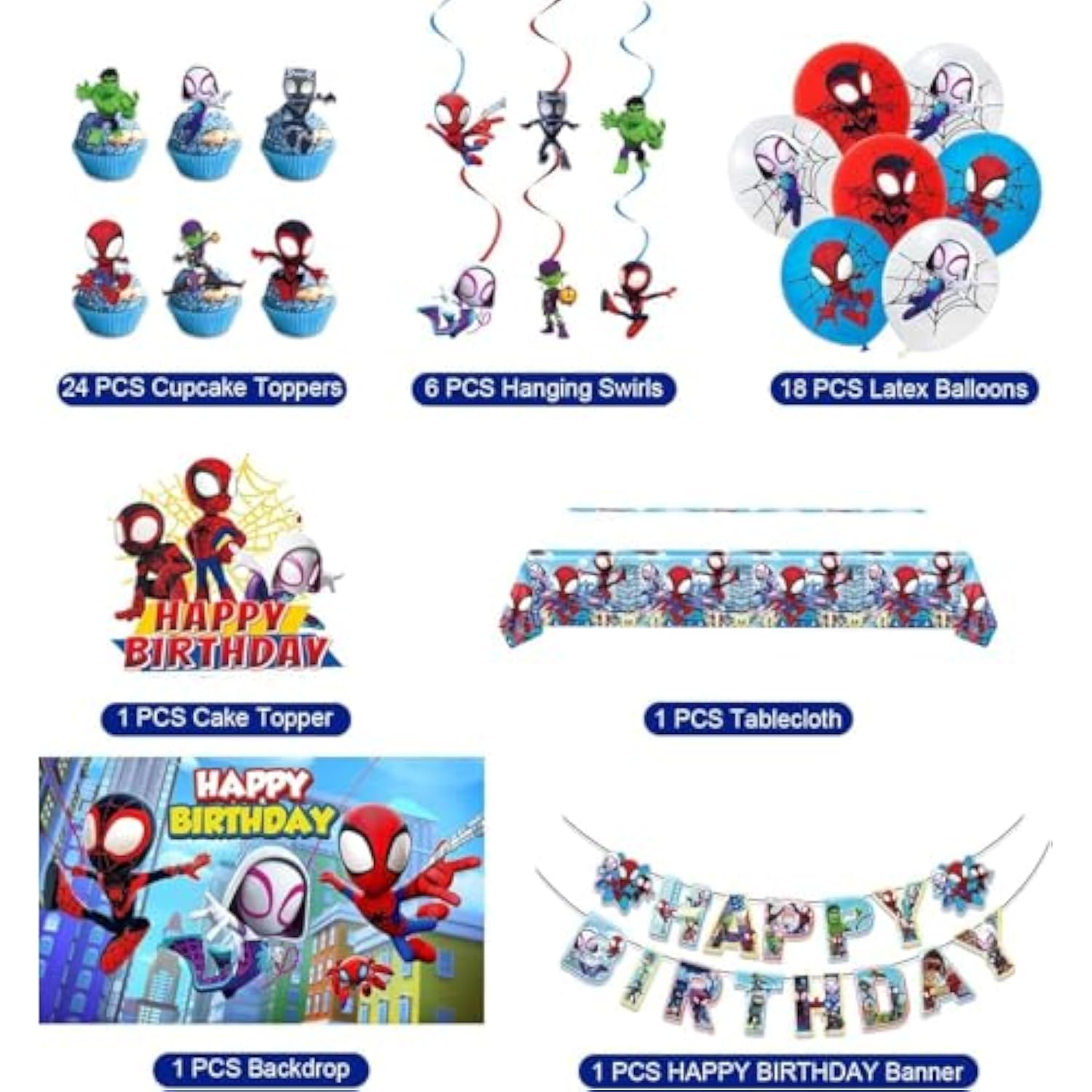 Cartoon Spidey-Themed Birthday Party Supplies. These Decorations Include "Happy Birthday" Banners, Tableware, Tablecloths, Balloons, Large And Small Skewers, And Party-Themed Decoration Sets.