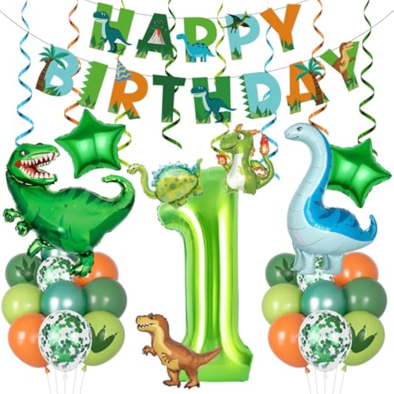 Dinosaur 1St Birthday Party Decorations For Boys Gir, Foil Green Star Number 1 Dinosaur Balloons With Happy Birthday Banner Hanging Swirls For Dino Baby Shower Kids Party Supplies