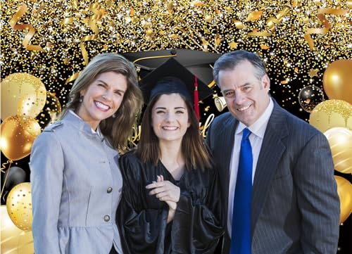 7X5FT Black Congrats Graduation Backdrop Class of 2024 Photography Background Gold Bachelor Cap Celebration Party Decorations Banner Picture Photo Booth DH-603