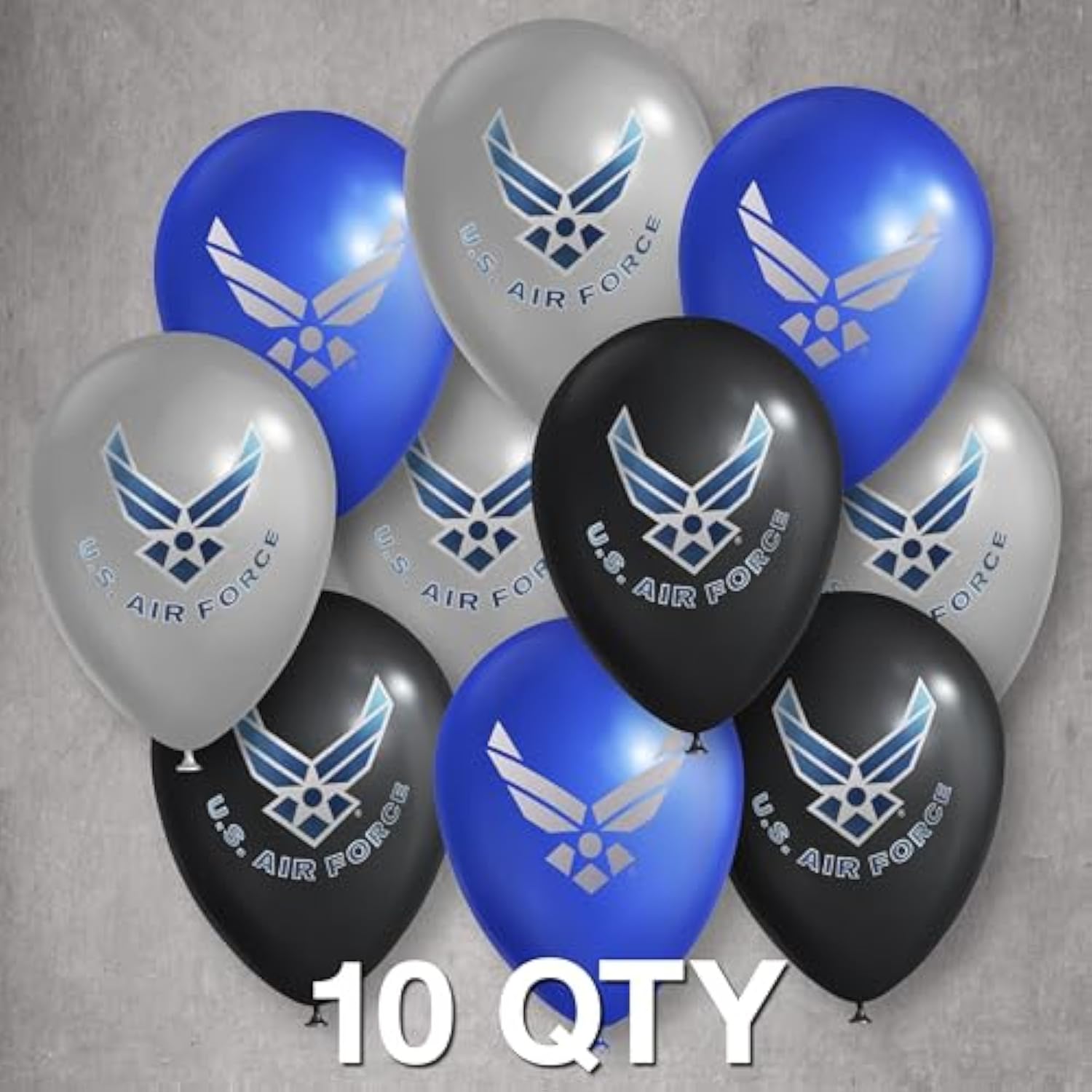 U.S. Air Force Party Balloons - 10 pcs 12 in Latex balloons in Officially Licensed Air Force Logos - Metallic Silver, Blue & Black balloons with 2-color printing both sides Made in Italy -by Havercamp