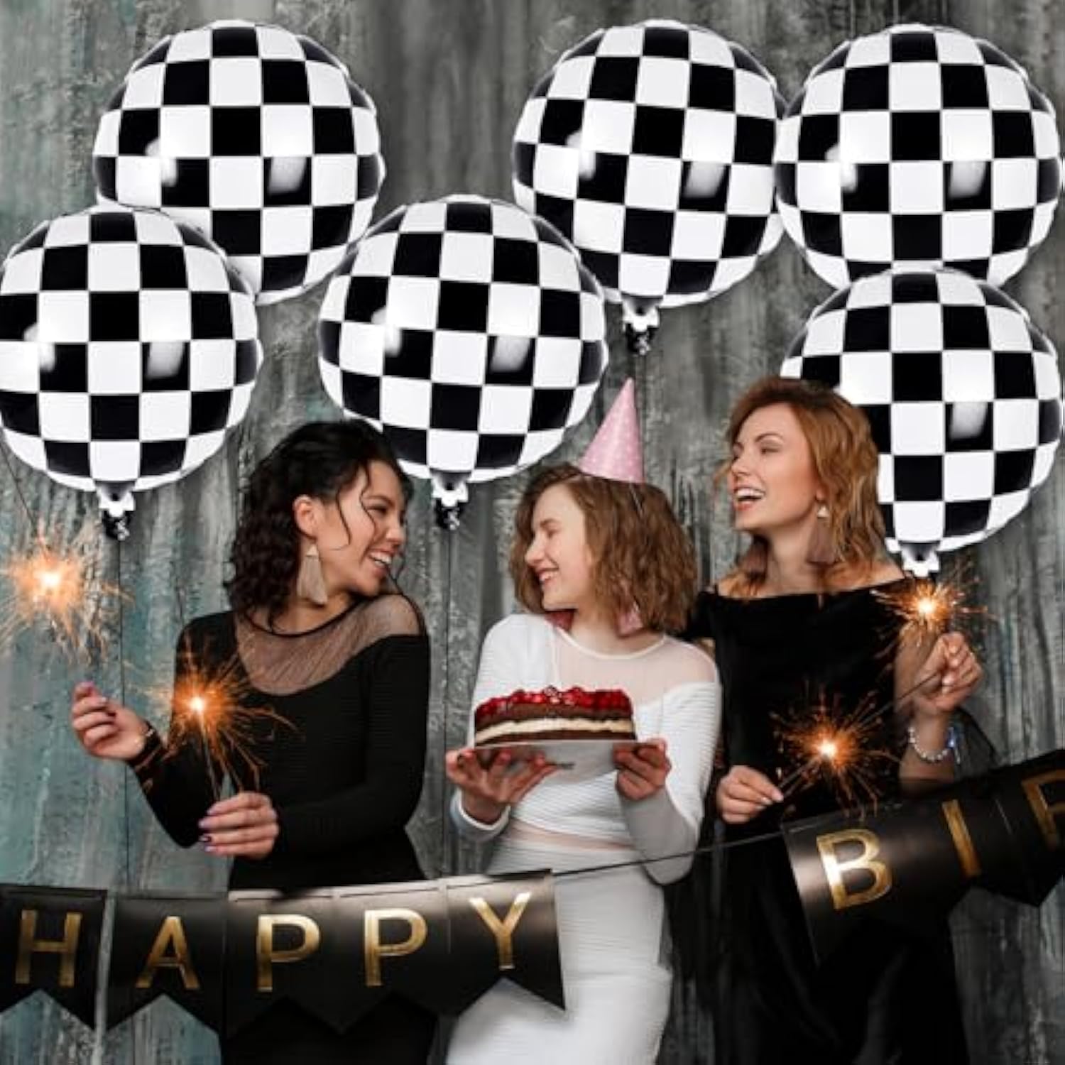 12 Pcs Checkered Racing Foil Balloons Black & White Mylar for Race Car Party Decor