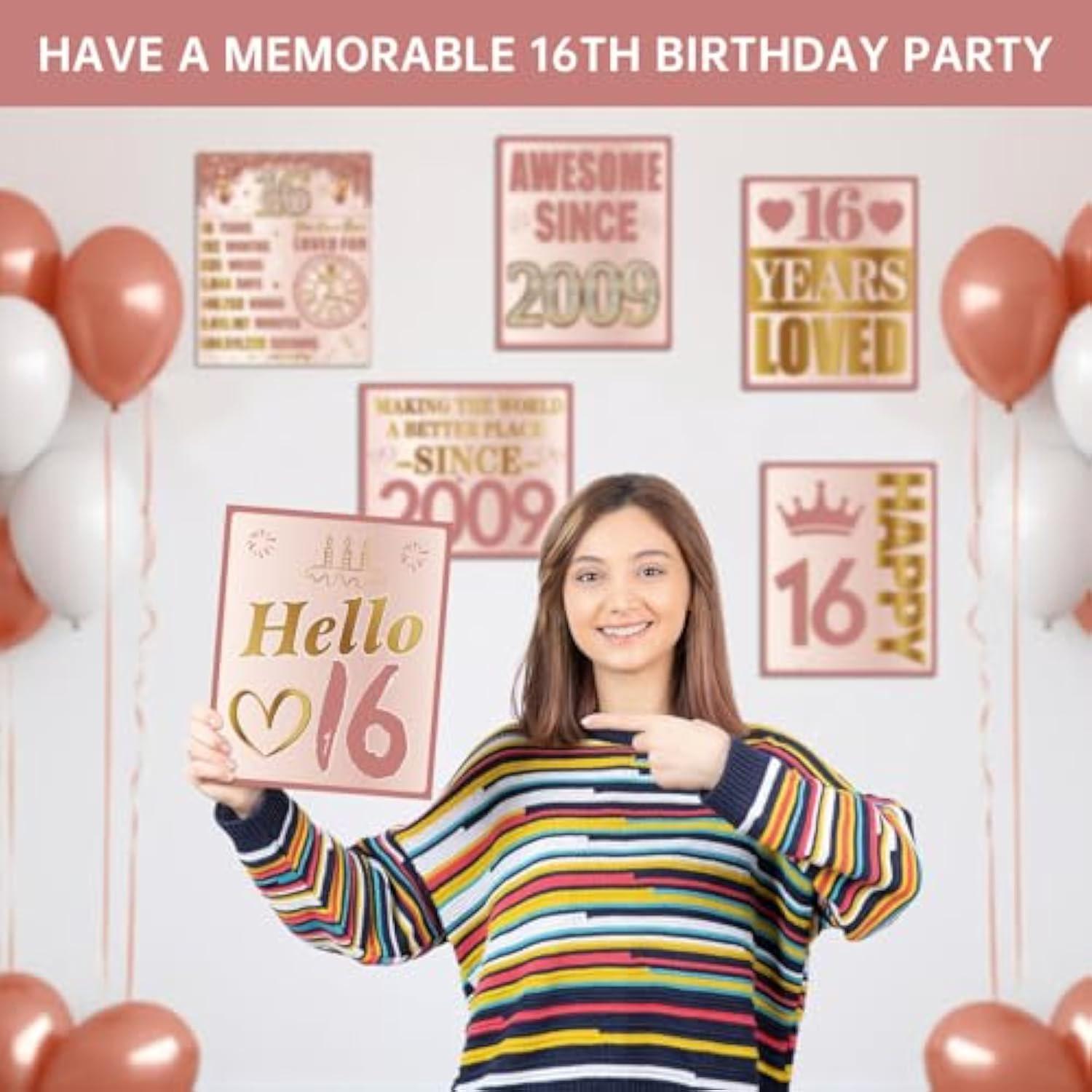 Happy 16Th Birthday Decorations For Girls, 9Pcs Pink Rose Gold 2009 Birthday Banner Signs For Walls Doors Windows Yard Garden Party Supplies, Sixteen Birthday Table Toppers Photo Props Decor