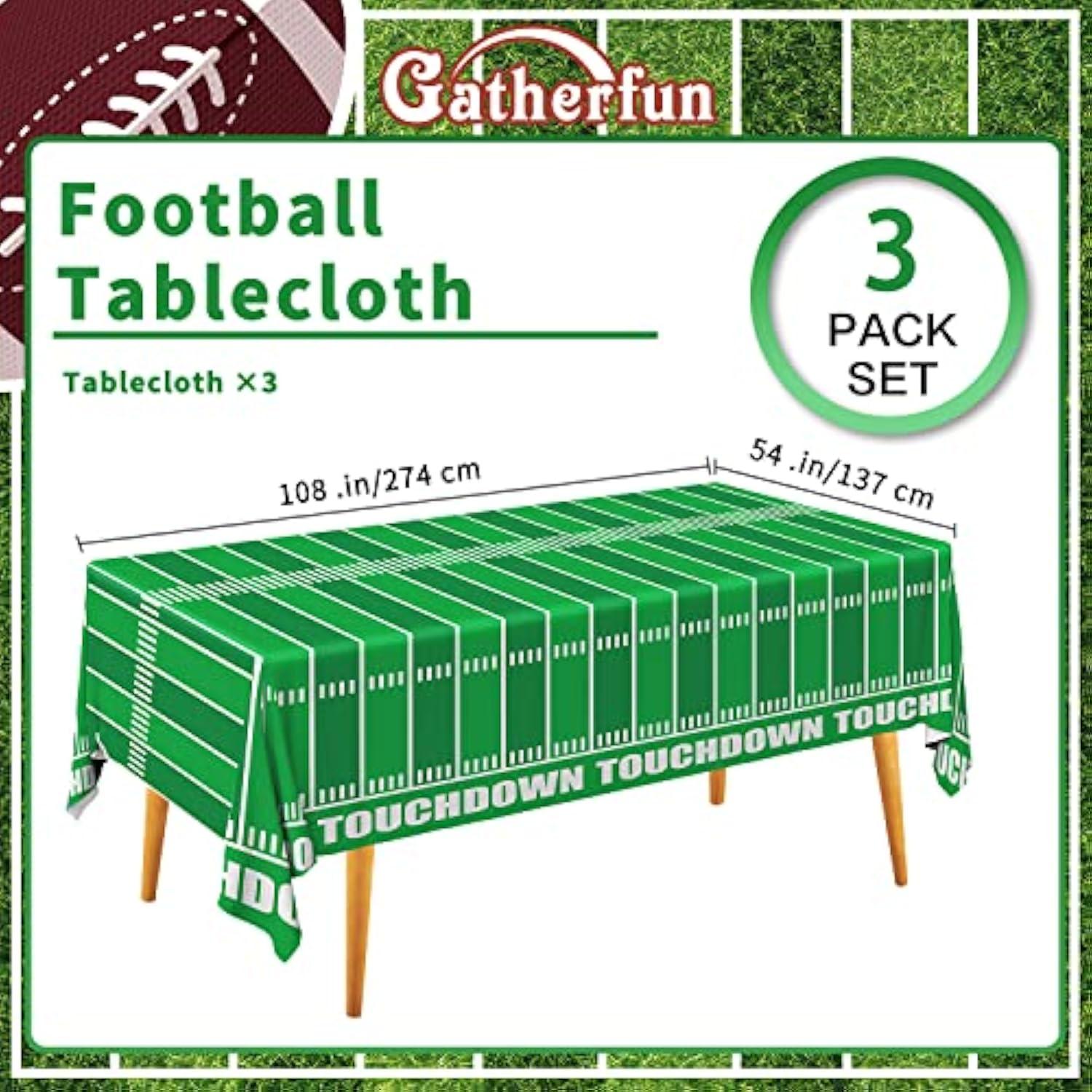 Football Theme Party Disposable Tablecloth Plastic Touchdown Table Cover For Birthday Football Party Games Decoration 54 X 108Inch 3 Pack