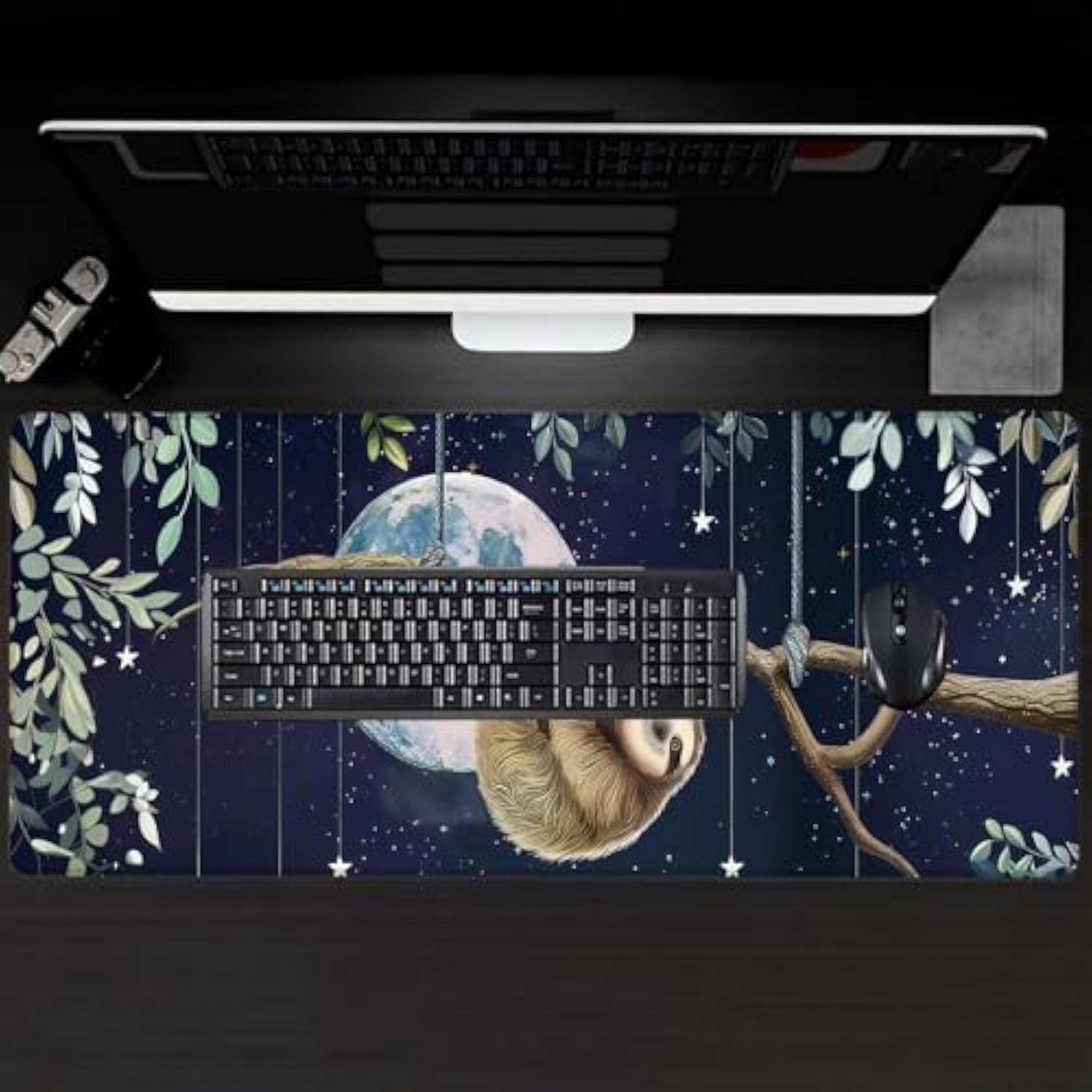 Cute Sloth Gaming Mouse Pad, Large Desk Mat With Animal And Moon, Rubber Non-Slip Extended Funny Whimsical Mousepad, Office Home Decor Accent, Gifts For Animal Lovers, 31.5X11.8X0.12In