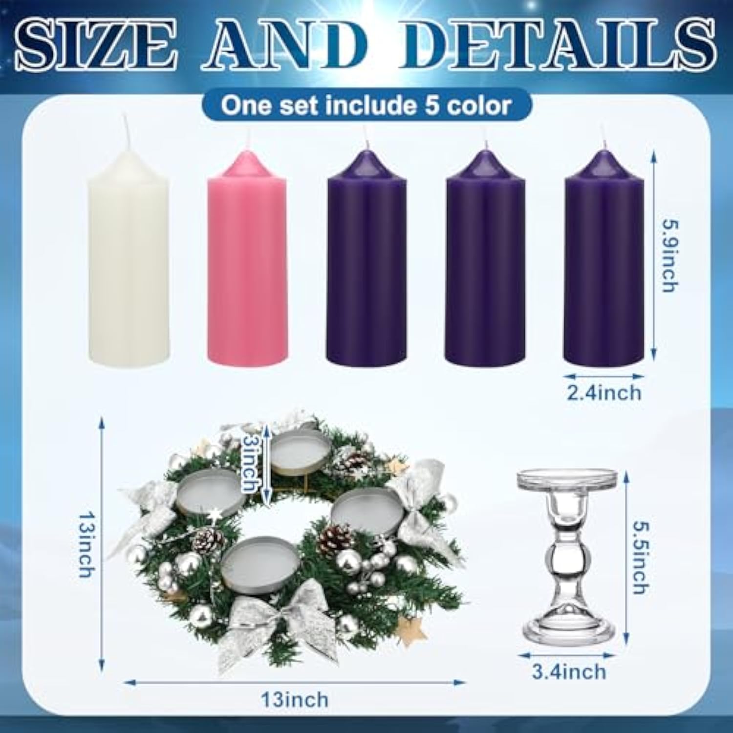 Christmas Advent Wreath Candle Holder Pillar Wreaths Centerpiece Decor Advent Calendar Ring Candleholder Decoration Stand Gifts Church(Silver)