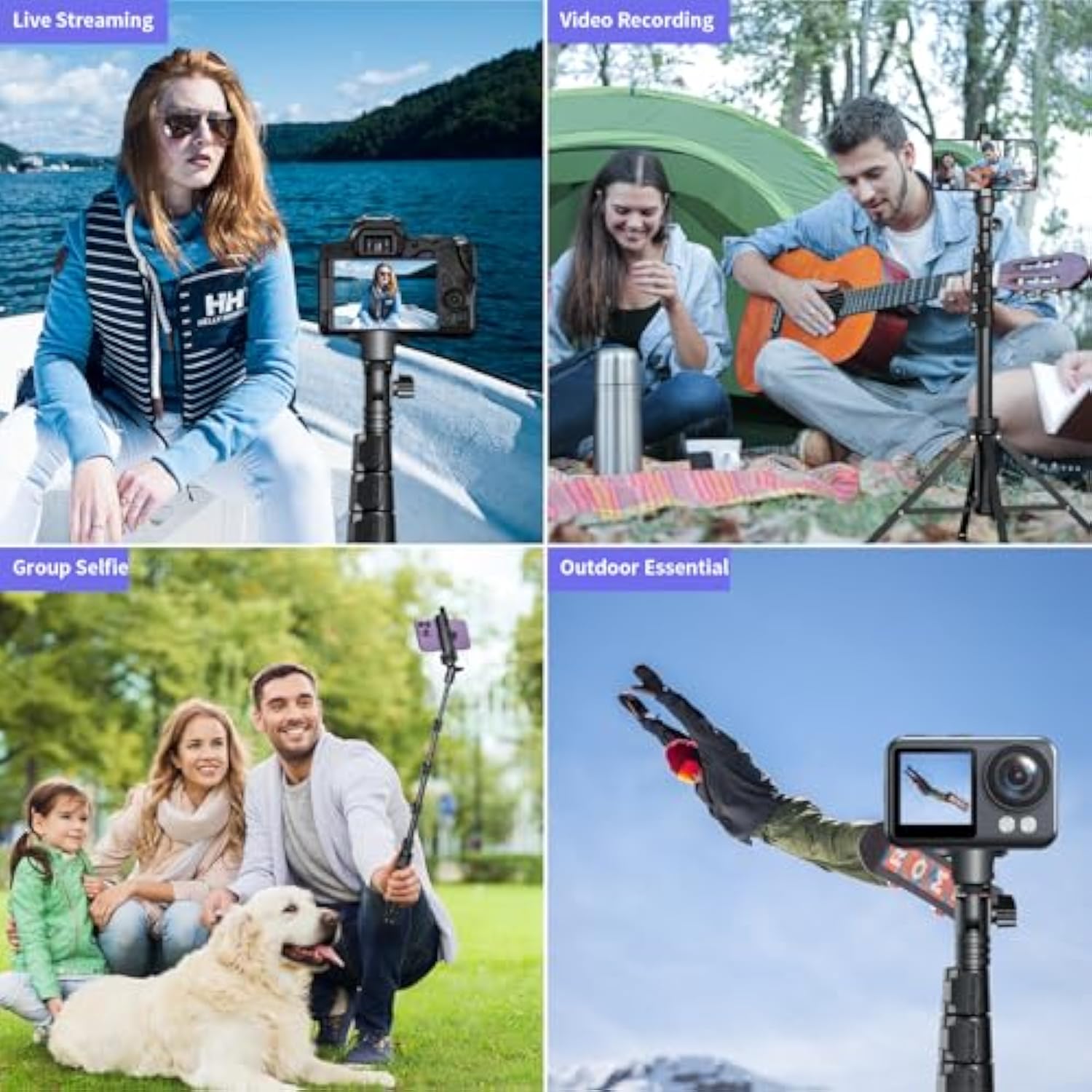 62" Selfie Stick Tripod For Iphone, Stable 4 Leg Design, Bluetooth Remote, Aluminum Stick & Legs, Lightweight, Portable All In One, Compatible With Iphone & Android, Non Skid Feet