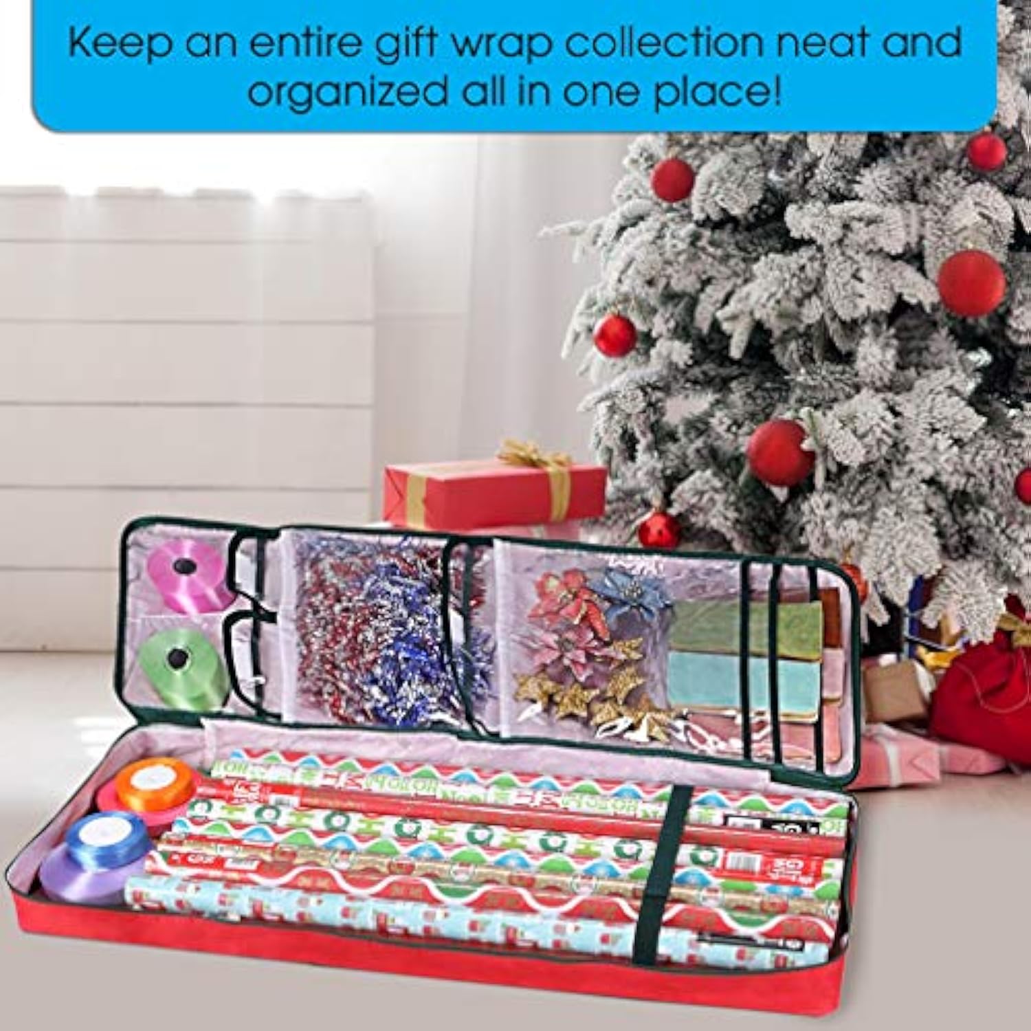 Christmas Wrapping Paper Storage Bag With Pockets | Gift Wrap Organizer Container | 37” X 14” X 4” | Underbed Durable Box Made Of 600D Oxford Material (Red)