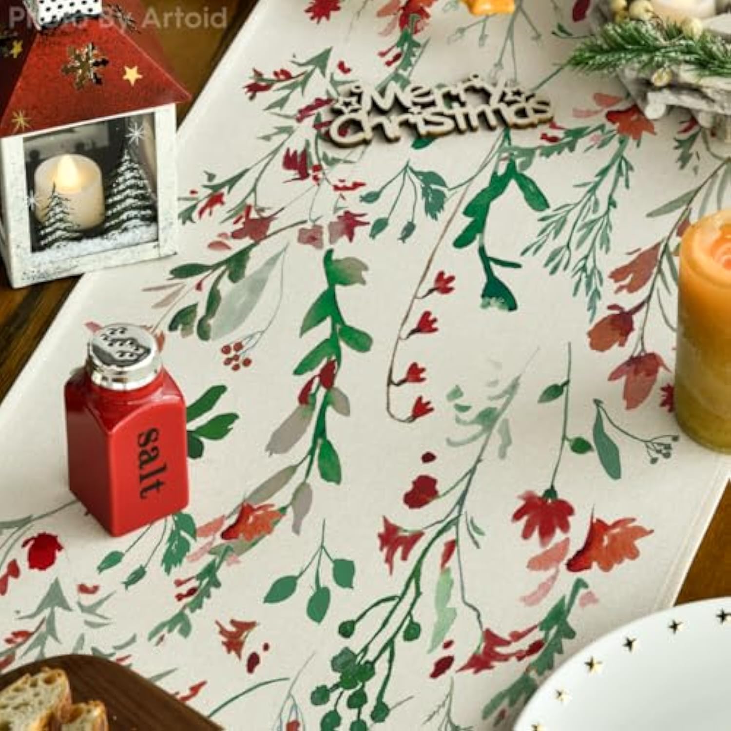 Floral Leaves Christmas Table Runner, Wild Flowers And Grasses Winter Kitchen Dining Table Decoration For Home Party Decor 13X72 Inch