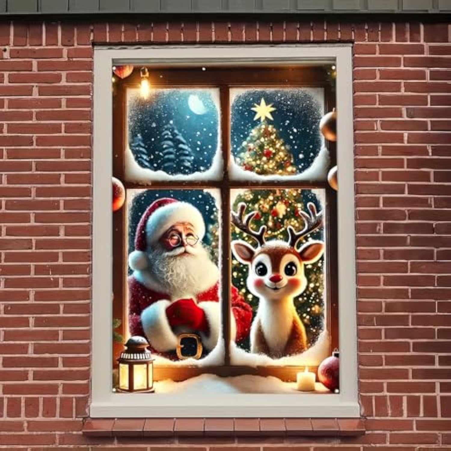 Merry Christmas Window Decorations – Cute Santa Claus And Reindeer With Snowflakes, Xmas Window Cover Banner Backdrop For Indoor Outdoor Holiday Party, Winter Home Decor, Christmas Poster 47×31 Inch