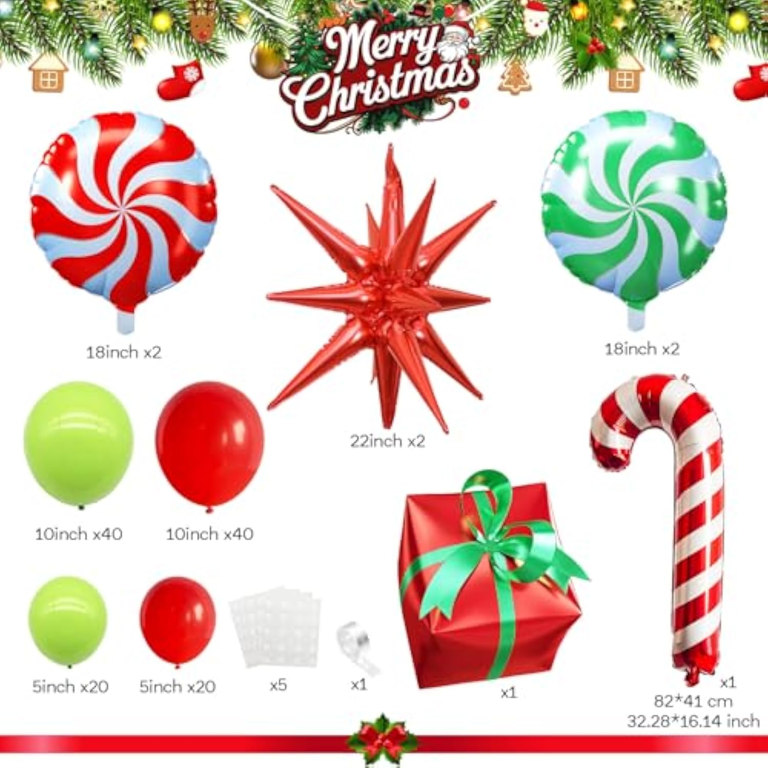 130Pcs Christmas Balloon Arch Kit, Red Lime Green Christmas Garland Set With Candy Cane Explosion Star Box Xmas Foil Balloons For Kids Grinchmas Decor, Birthday, New Year Party Decorations