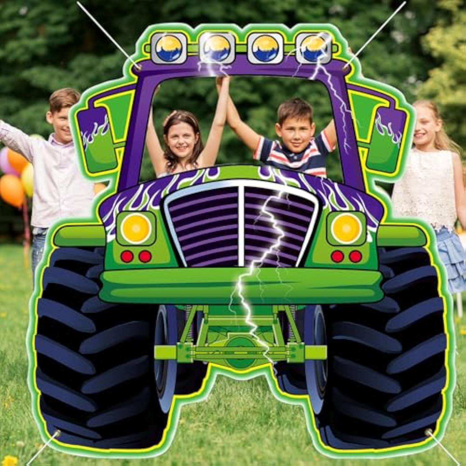 Monster Truck Photo Booth Props For Green And Purple Truck Party Supplies Large Monster Photo Background Party Games Banner For Boys Baby Shower Happy Birthday Theme Celebration Decoration 70 * 67In
