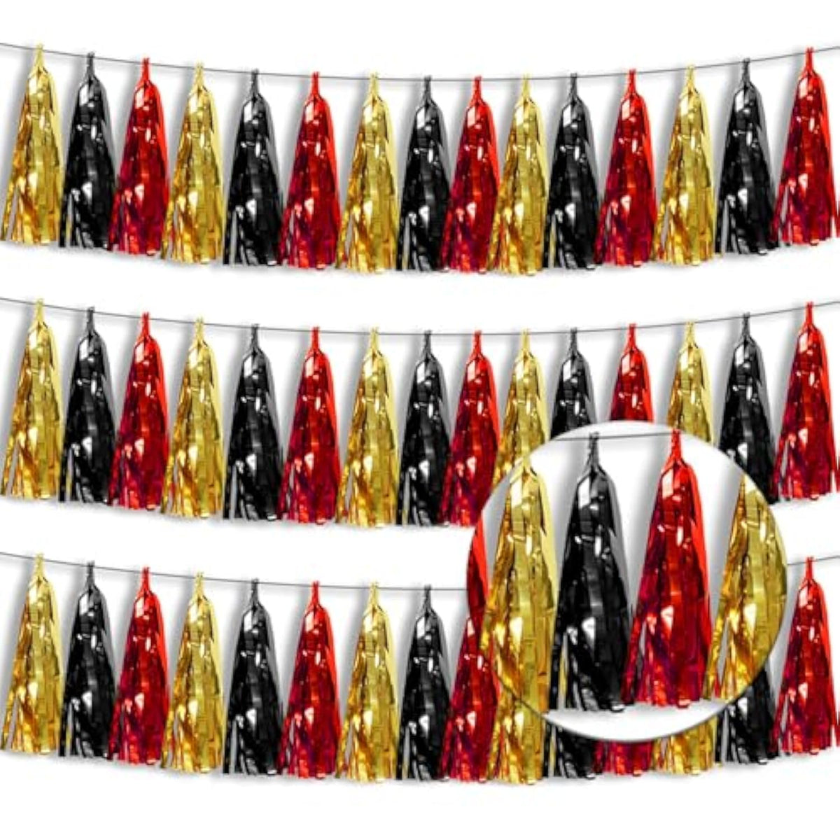 3P Metallic Fringe Banner Garland Foil Tinsel Streamer Wall Hanging Curtain Backdrop Banners For Parade Floats Graduation Decorations, Baby Bridal Shower Party Decoration(Red-Black Gold)