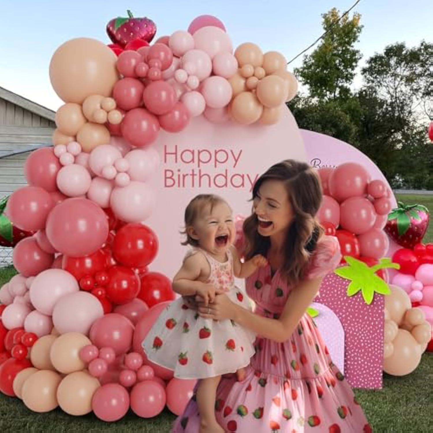 140Pcs Strawberry Balloon Arch Garland Kit With Red Pink Nude Strawberry Balloon For Berry First Baby Shower Themes, Birthday Decorations, Valentine'S Day Party Supplies