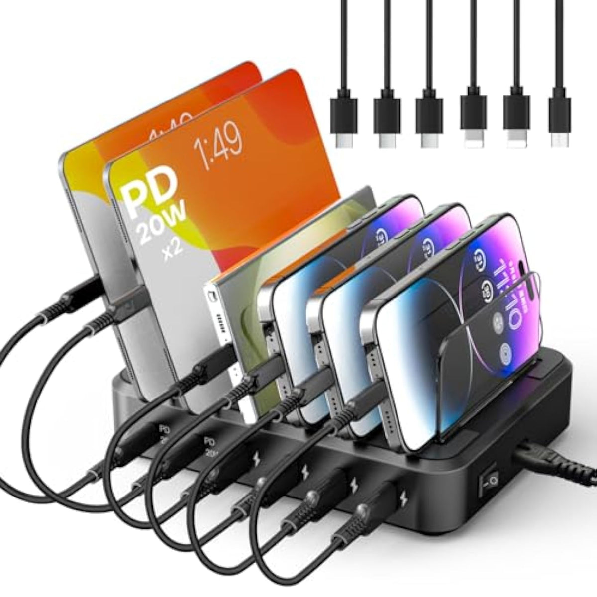 Charging Station For Multiple Devices,65W 6 Port Multi Usb C Fast Charger Station With 6 Mixed Charging Cables,Charging Dock Compatible With Iphone Ipad,Cell Phone,Tablets Android And More
