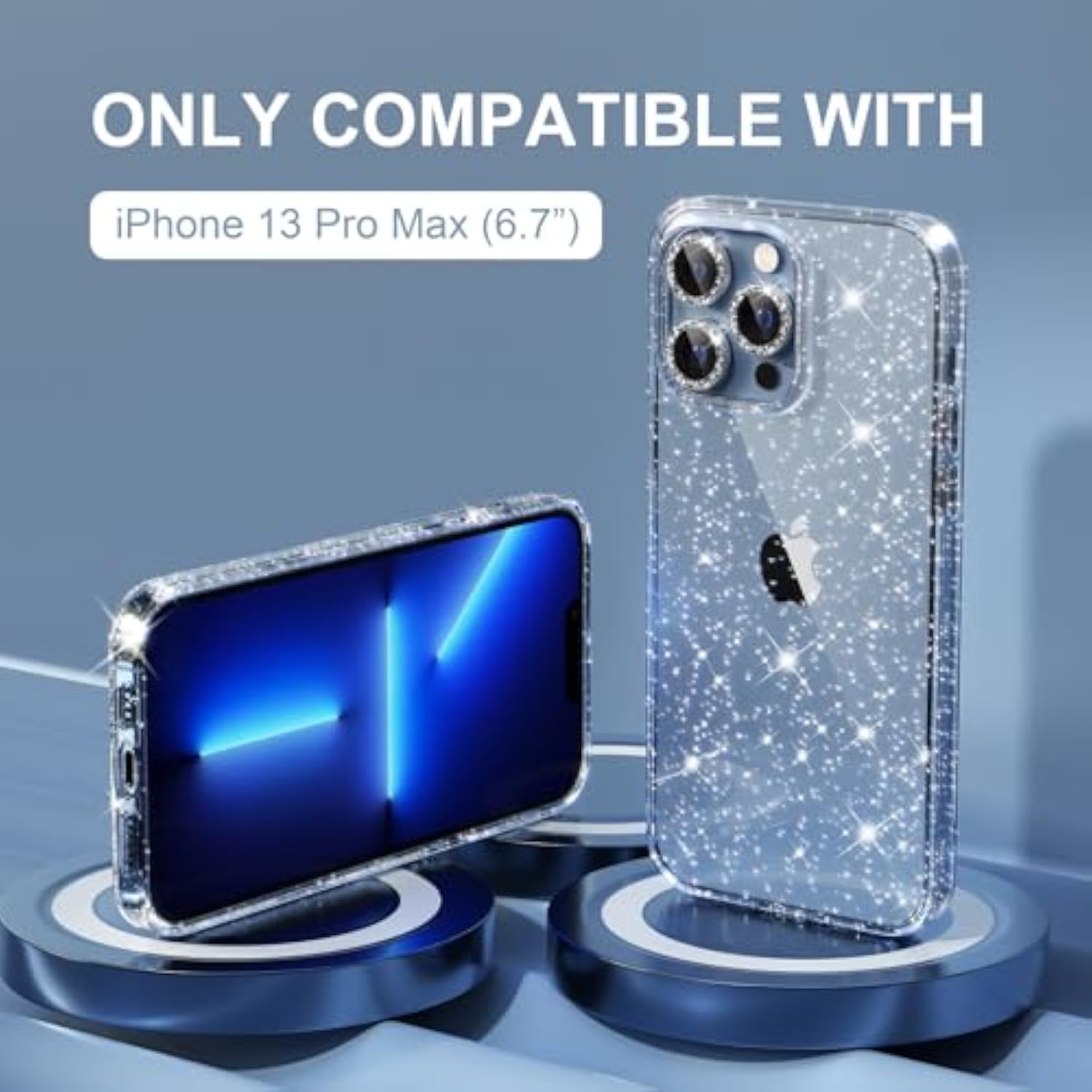 Compatible Iphone 13 Pro Max Case Cute, Women Clear Glitter Bling Sparkly Case, [3 X Diamond Camera Lens Protectors] [Non-Yellowing Shockproof Protective Cover] 6.7-Inch (Glitter Clear)