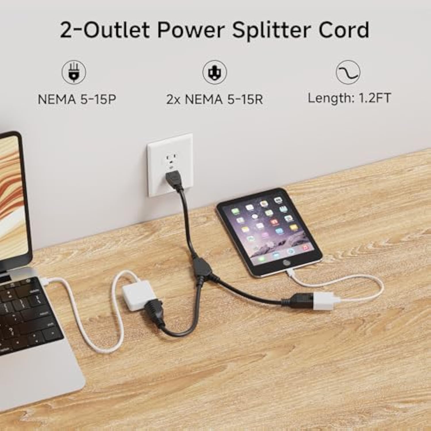 Cable Matters 2-Pack 2 Outlet Power Splitter Cord - 1.2ft, NEMA 5-15P to NEMA 5-15R Y Power Cord Splitter, 16 AWG Outlet Saver, 1.2 Feet