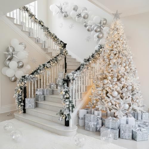 White Winter party decorations with Pearl White Silver Balloon Garland Arch & foil Star printed balloons Artificial Snowflakes for winter wonderland 1st birthday Christmas new year party decorations