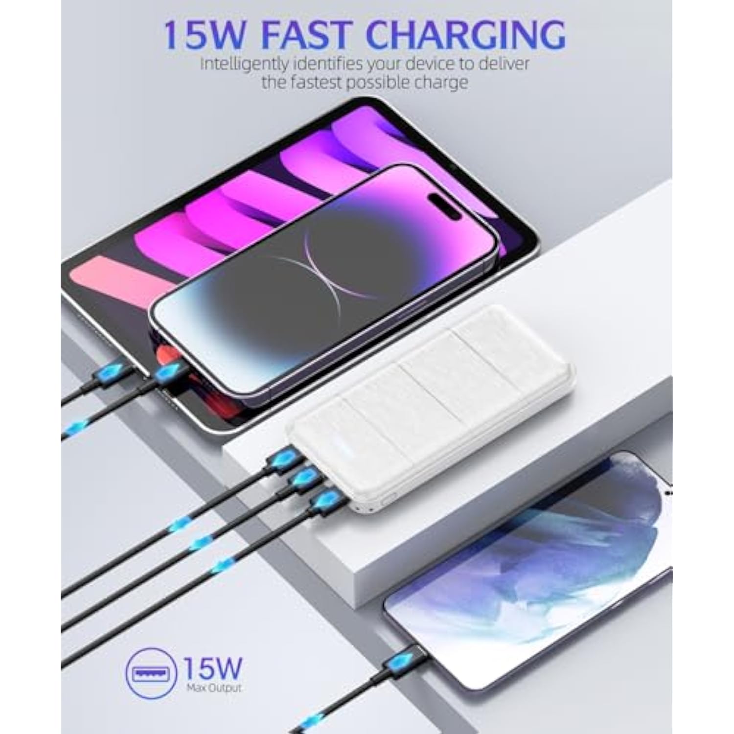 Portable Charger 2-Pack 15000Mah Power Bank Dual Usb And Type-C Output 5V3.1A Fast Charger Battery Pack For Iphone 16 15 14 13 12 X Samsung S24 S23 Google Ipad Etc (Light Black And White)