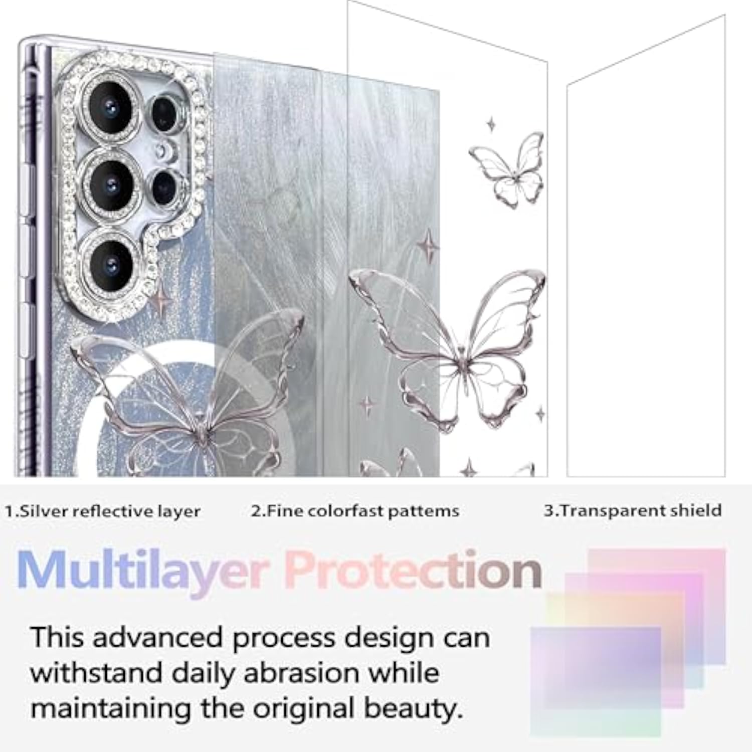 Compact Samsung Galaxy S25 Ultra Phone Case with Magnetic Protective Camera Lens Frame, Soft Shockproof Design, Silver Aesthetic