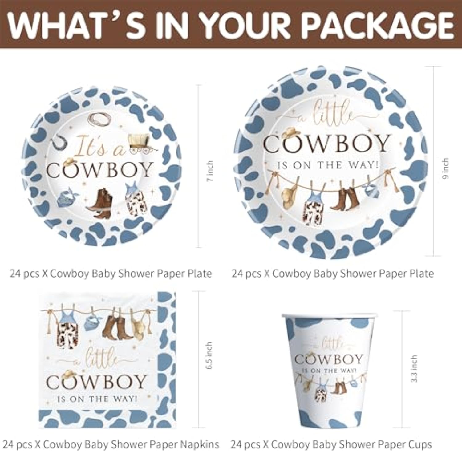 Western Cowboy Baby Shower Decorations Tableware - Wild West Rodeo Little Cowboy Baby Boy Table Decorations Party Supplies, Paper Plate, Cup, Napkin, Tablecloth, Cutlery | Serves 24