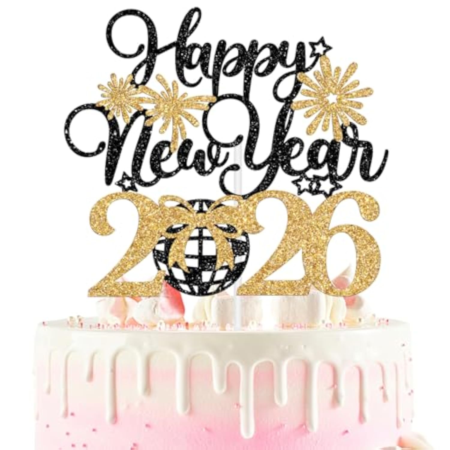 Happy New Year 2026 Cake Topper Black Gold Glitter Party Decor