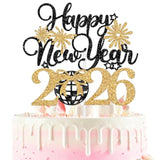 Happy New Year 2026 Cake Topper Black Gold Glitter Party Decor