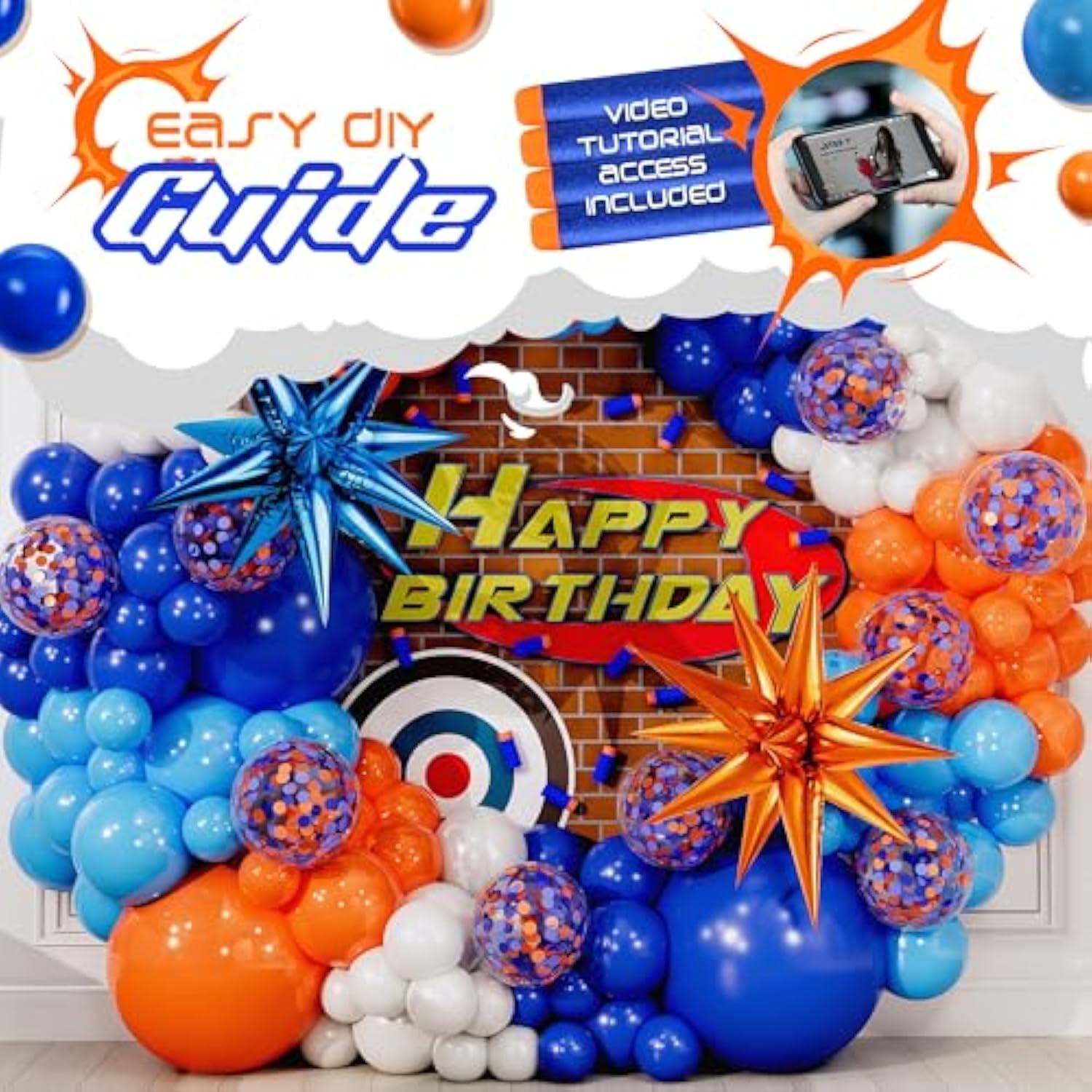 All-In-1 Blue And Orange White Balloons Arch Kit & Garland – Small And Large White Oranges & Blues Balloons – Orange And Blue Party Decorations & Supplies For Birthday Party, Nerf, Blippi, Graduation