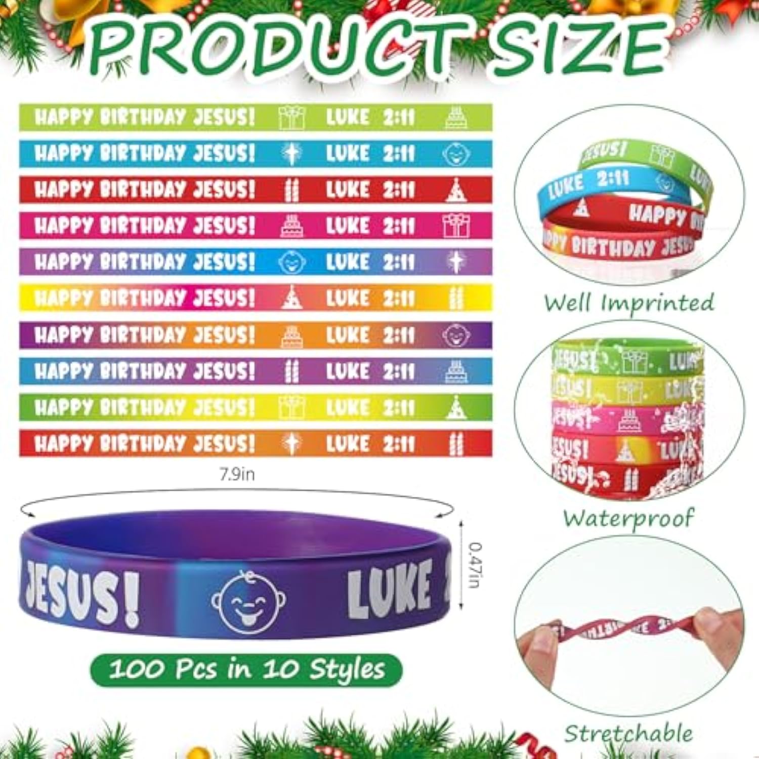 100 Pcs Happy Birthday Jesus Wristband Christmas Luke 2:11 Rubber Wristband 10 Styles With Christian Religious Cross Gifts For Sunday School Xmas Parties Motivation Support Church Supplies