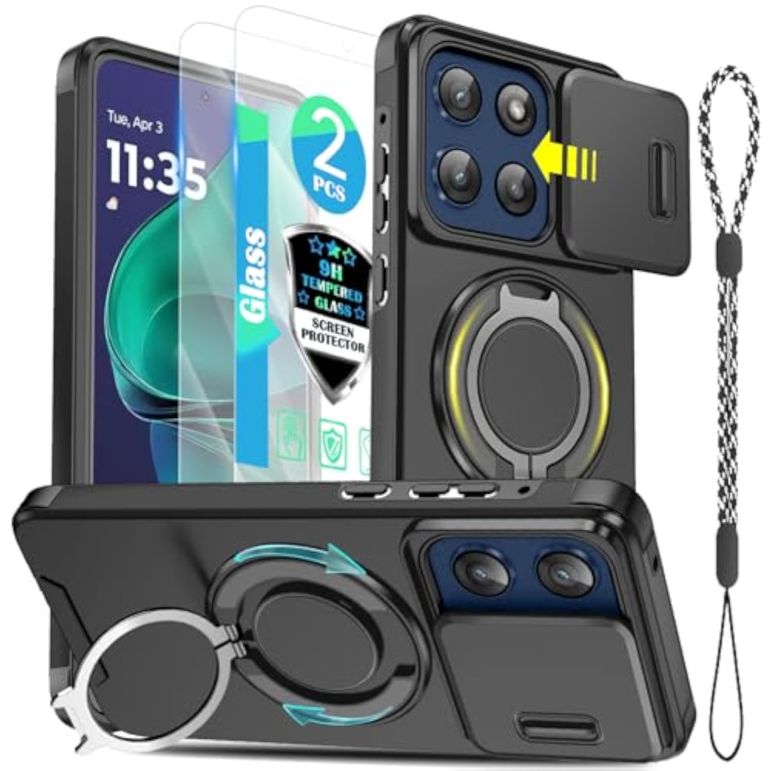 Moto G Stylus 5G 2025/2026 Phone Case with 2-Pcs Tempered Glass Screen Protector and Strap, Military Grade Shockproof with Rotating Kickstand, Black