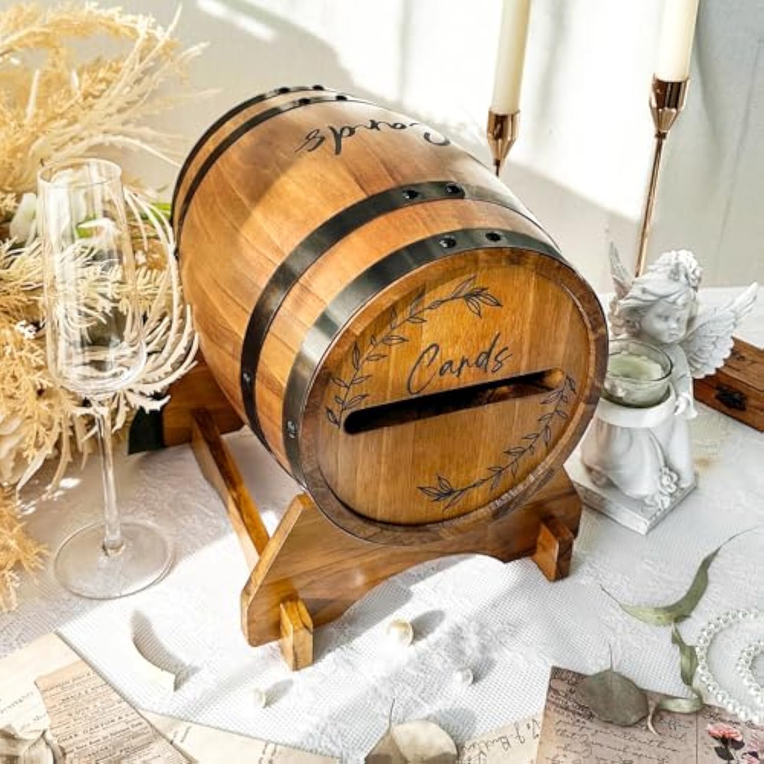 Wooden Wedding Card Box For Reception, Whiskey Barrel Gift Card Box For Party, Money Envelope Boxes With Slot & Holder For Graduation Bridal Shower Birthday Wedding Decor